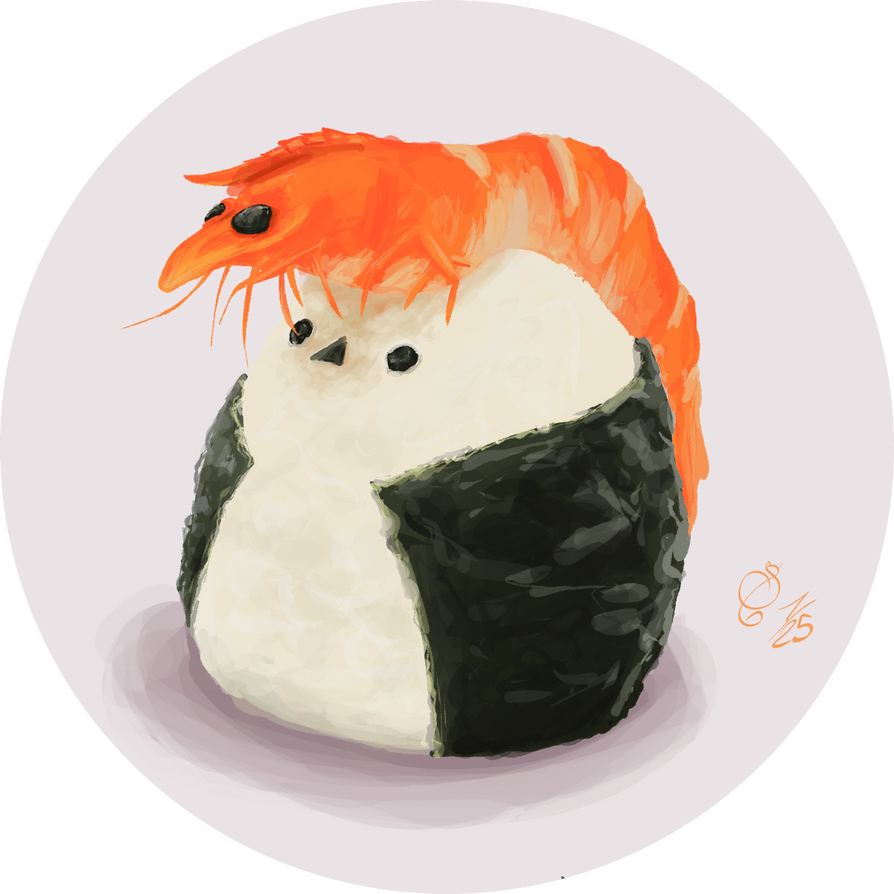 object, food, onigiri, shrimp, full shading, painterly, sticker