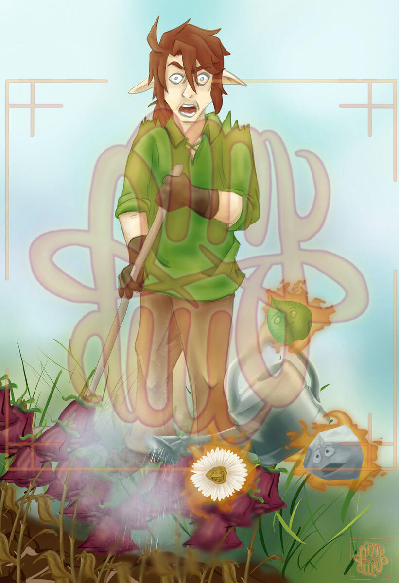 Art Fight, humanoid, object, spirit, full body, simple shading, watering can, 1+ characters