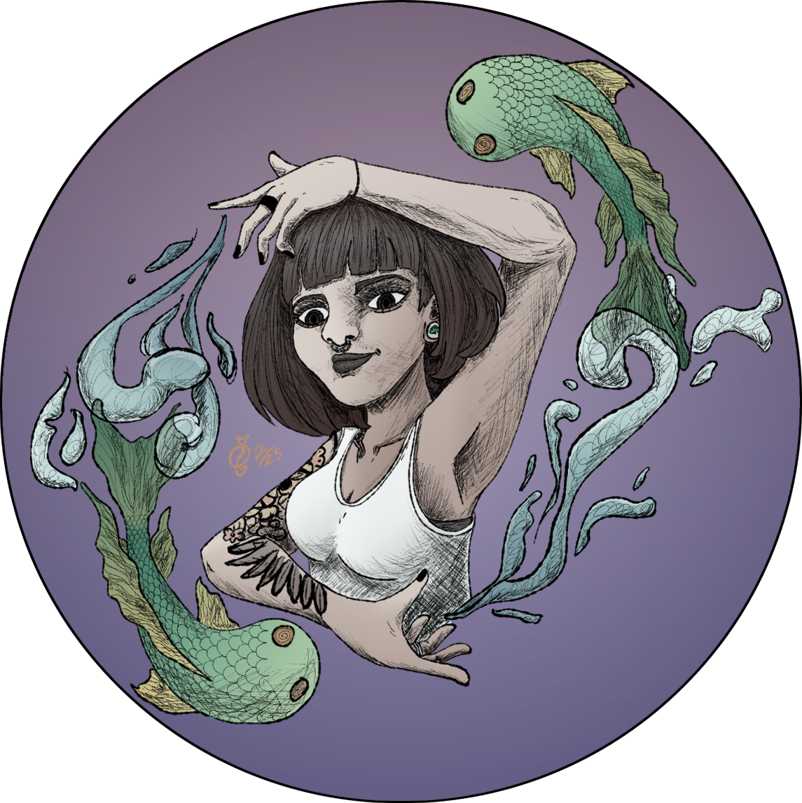 sticker, tattoo, human, half body, minimal shading, hatching, manga style, animal, fish