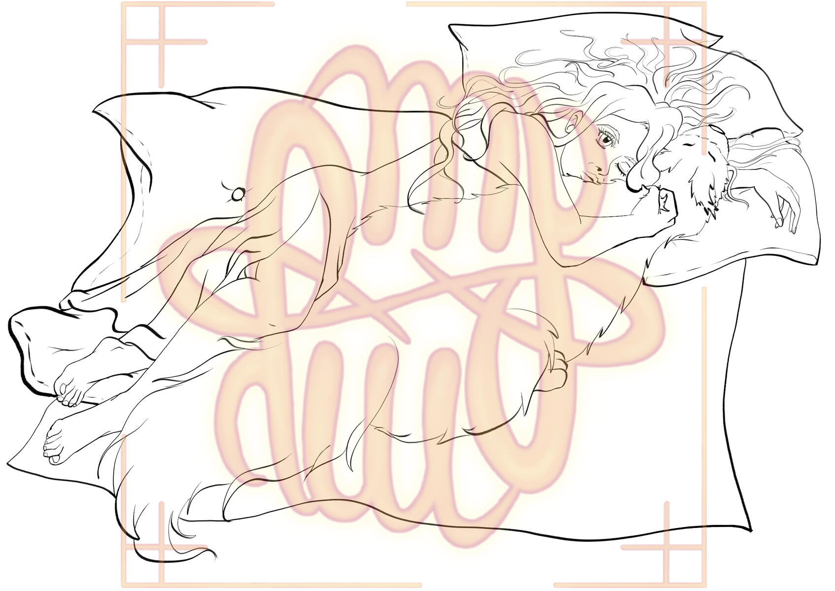 human, animal, full body, dog, lines, object, blanket, pillow, 1+ characters