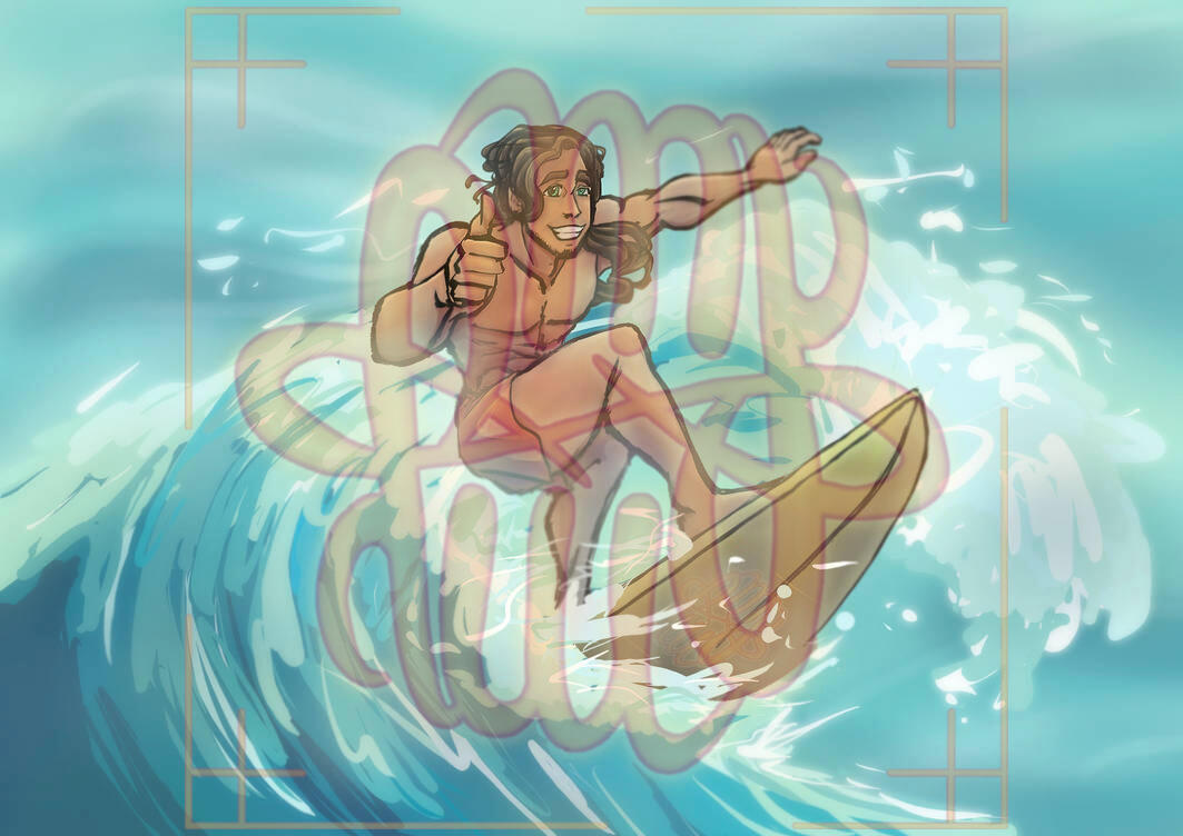 Art Fight, human, full body, simple shading, background, object, surf board