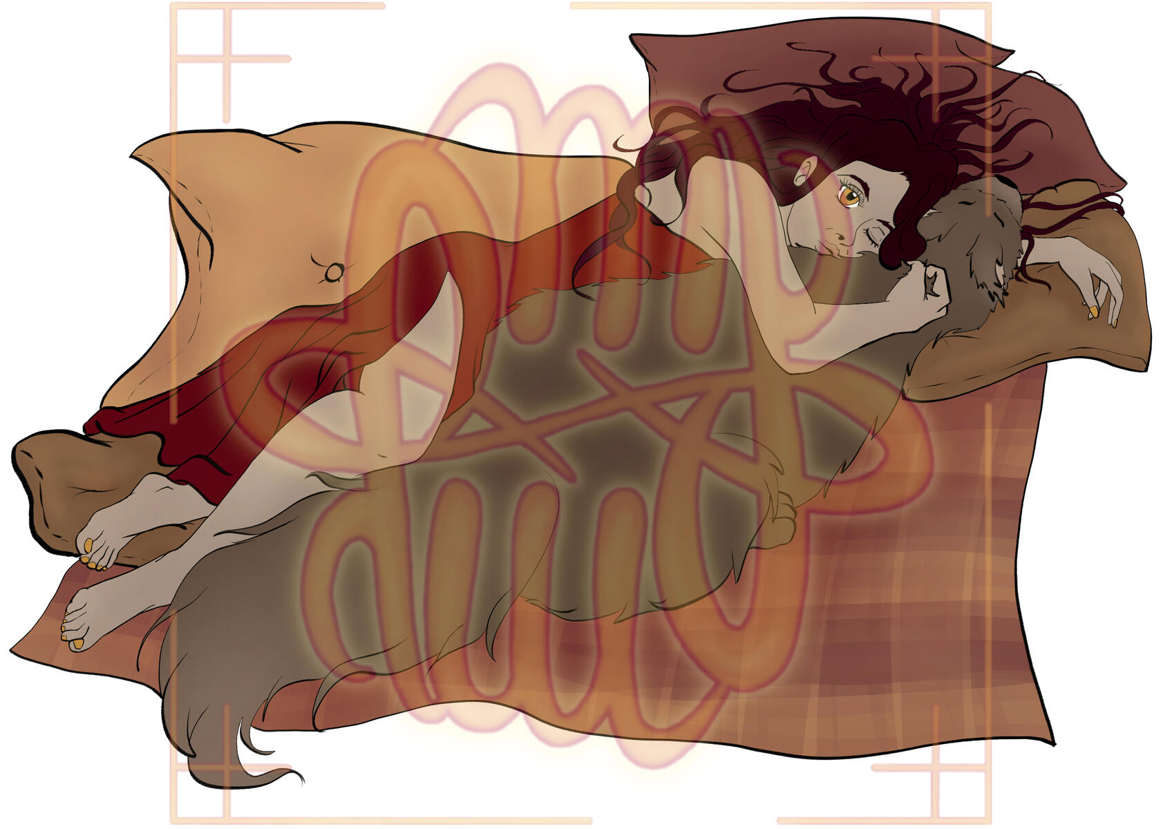 human, animal, full body, dog, flat colors, object, blanket, pillow, 1+ characters
