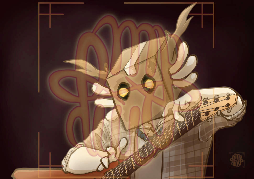 Art Fight, anthro, axolotl, half body, full shading, object, guitar