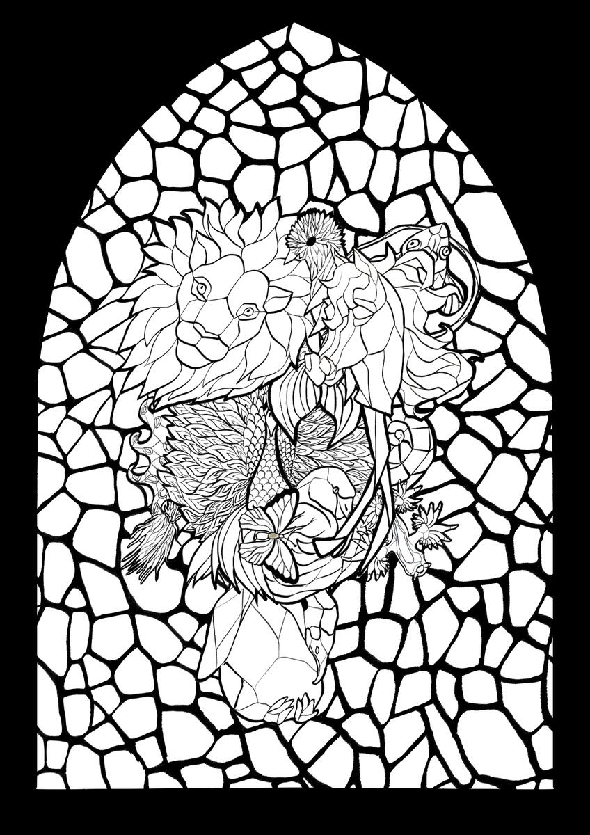 stained glass window, lines, animal