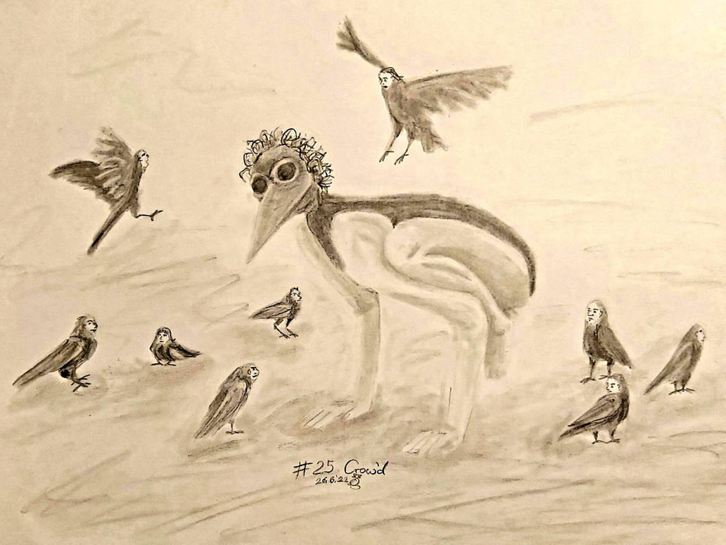 human, animal, crow, full body, multiple characters, full shading, traditional