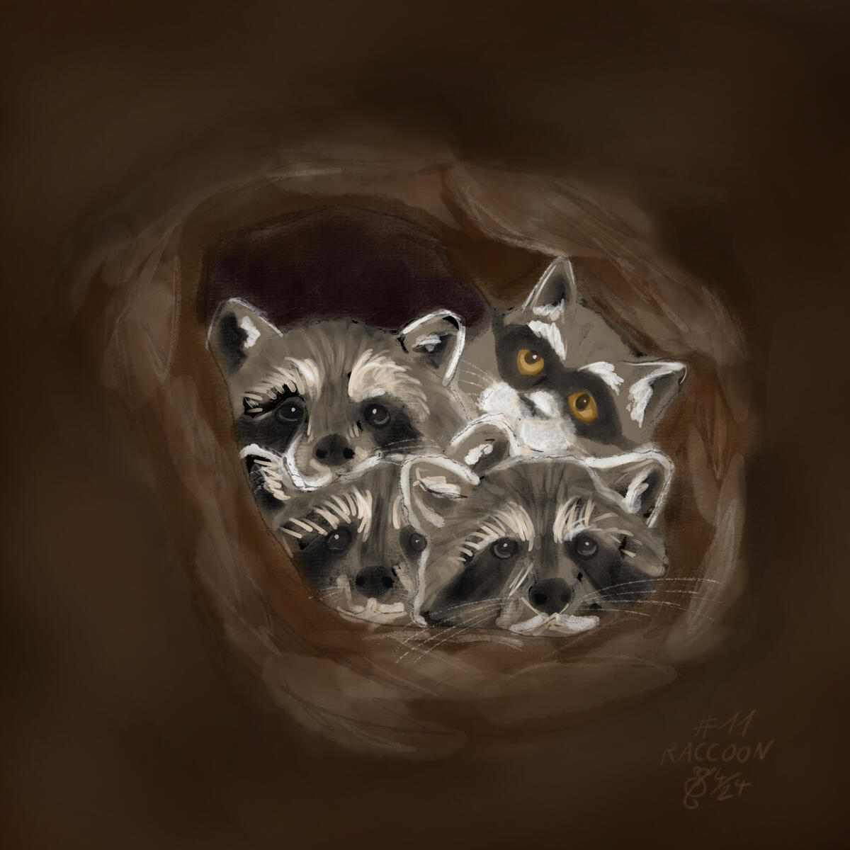 animal, cat, raccoon, multiple characters, full render, painterly