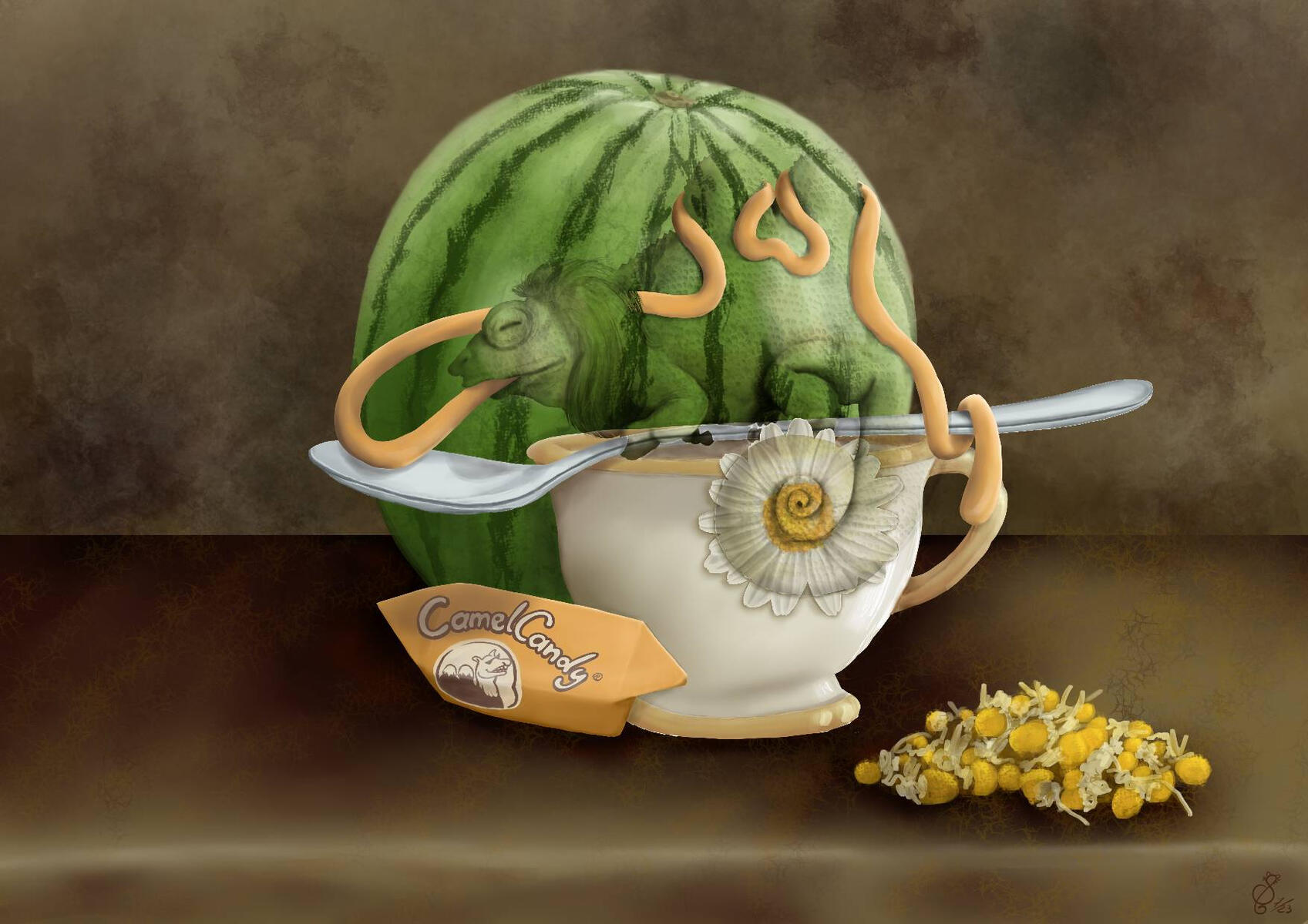 object, still life, animal, chameleon, food, watermelon, camomile, spoon, cup, candy, full render, painterly, realism