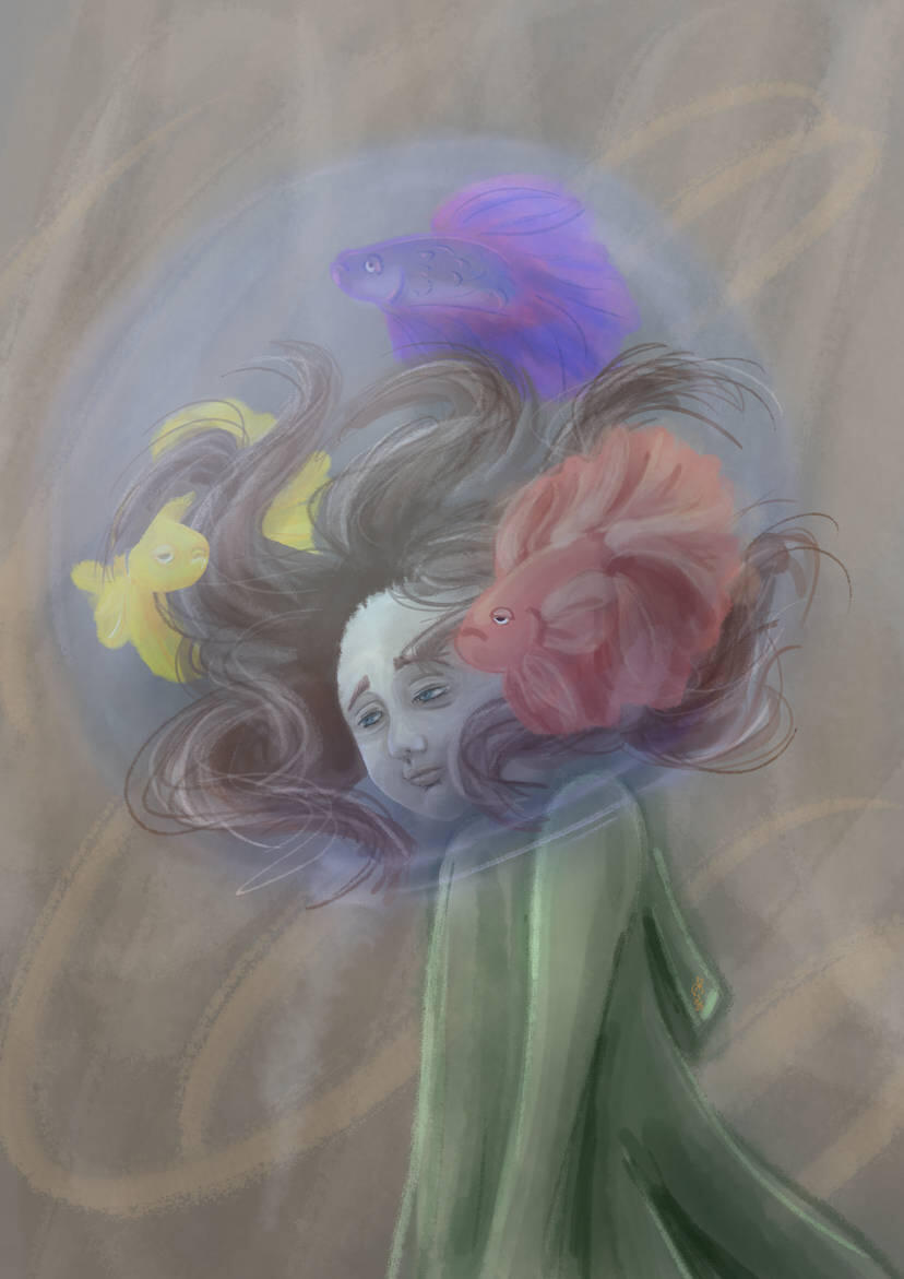 human, half body, full render, animal, fish, mood