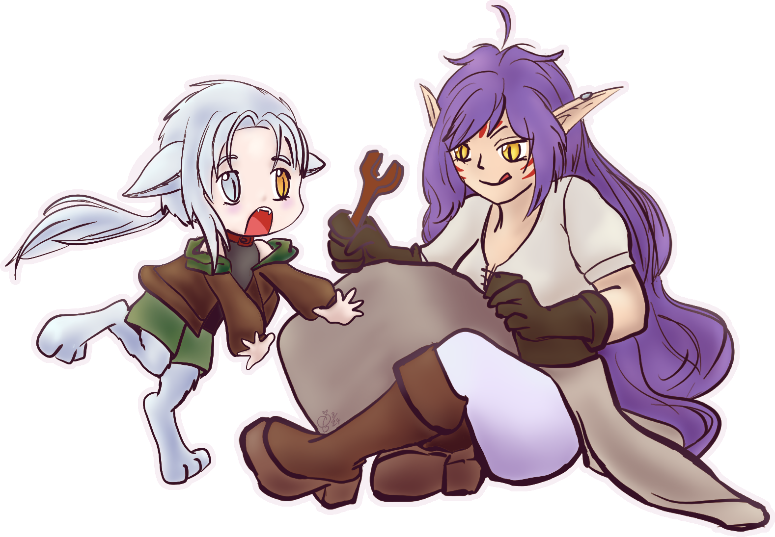 Art Fight, humanoid, anthro, full body, minimal shading, 1+ characters, elf, sticker